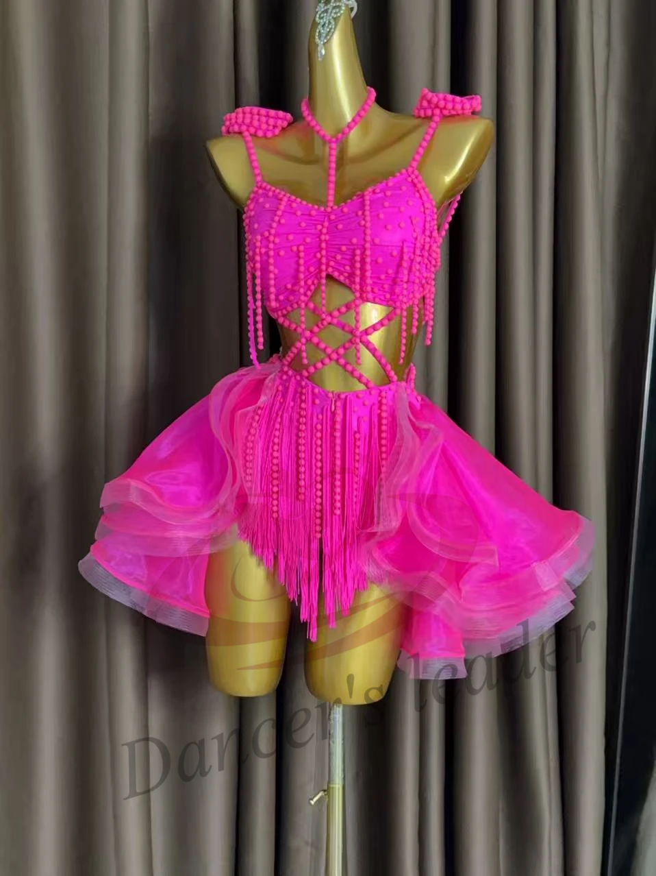 Latin Dance Adult Children's Dress AB Diamond High-End Custom Rose Red Mesh Skirt Precisely Tango Women's Clothing