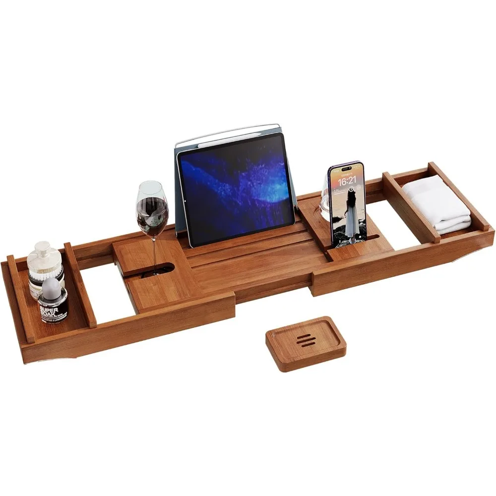 Nampan Bak Mandi Kayu Jati yang Dapat Diperluas dengan Tempat Gelas Anggur & Buku - Rak Mandi Kayu yang Dapat Disesuaikan untuk Pengalaman Spa yang Menenangkan