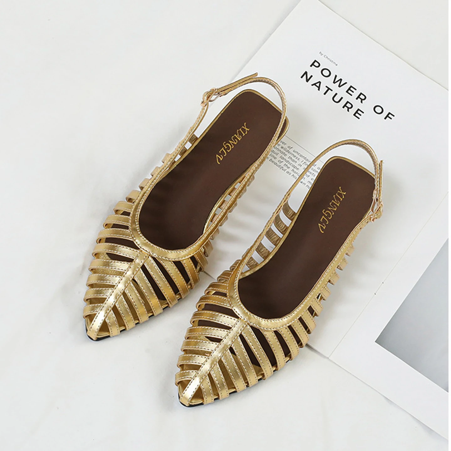 New Narrow Band Women Flat Sandals Large Size Low Heel Elegant Banquet Wedding Shoes Summer Hollow Beach Gladiator Sandalias 42