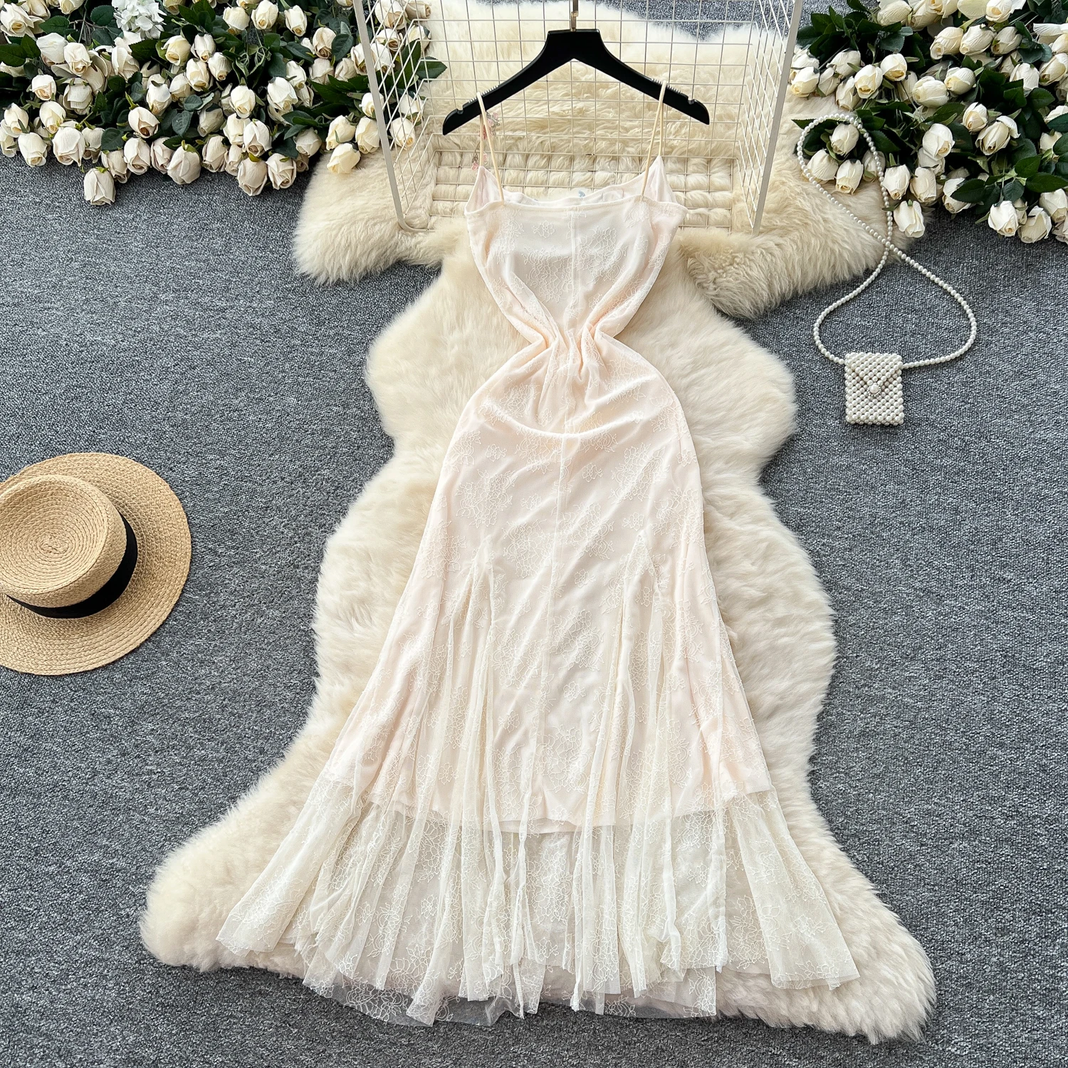 Sexy Embroidered lace Vintage korean fashion Evening A-line dress Beach dresses women clothing