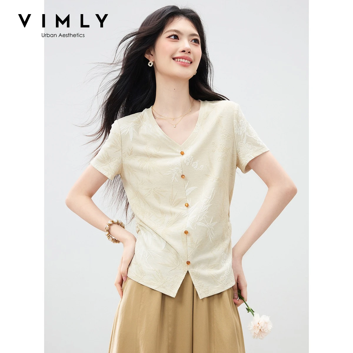 VIMLY Women's Jacquard V-neck Short Sleeve T-shirt 2026 Summer New Temperament Elegant Tee New Chinese style Top A6680