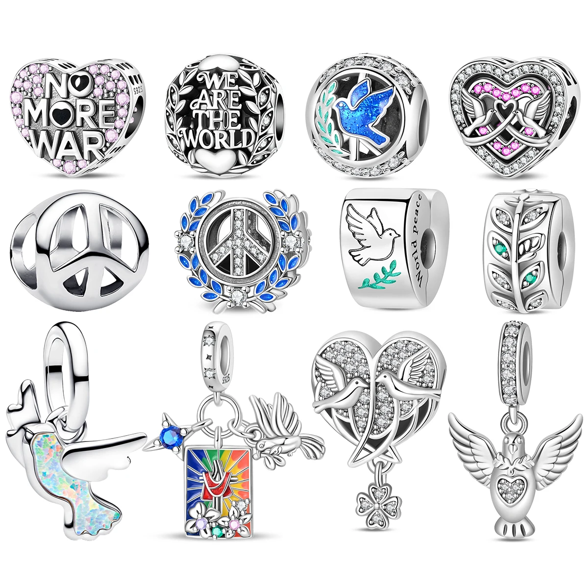 925 Sterling Silver Peace Charms Peace Sign Dove Heart Enamel Beads No More War Text Pendant Fit European Bracelet DIY Jewelry