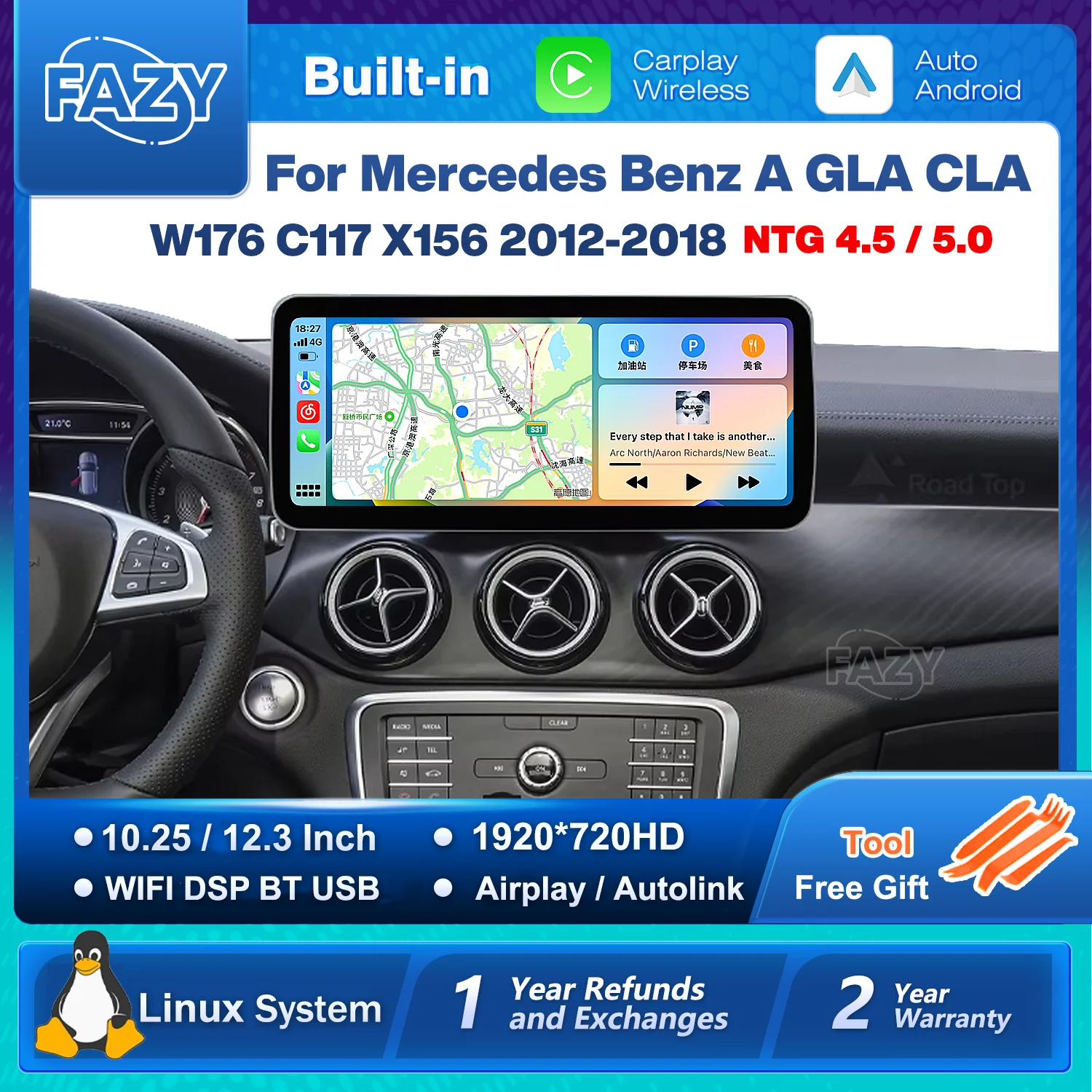 Linux System Wireless Carplay Android Auto Radio For Mercedes Benz A CLA GLA W176 C117 X156 2012-2018 Car Multimedia Player BT