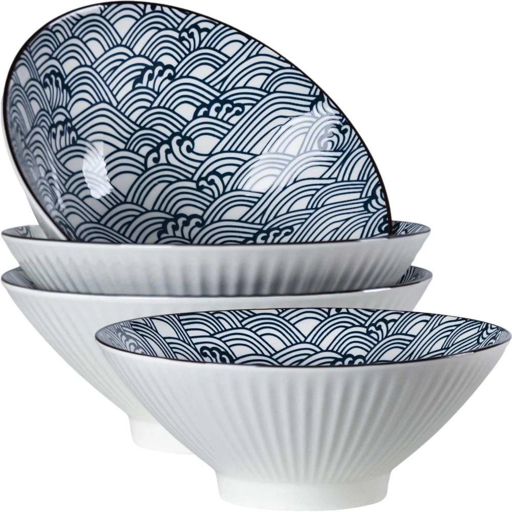 Japanese Ceramic Ramen Bowl 8 Inch 38oz Large Noodle Soup Bowl Wave Pattern Porcelain Bowl Microwave Dishwasher Safe for Kitchen