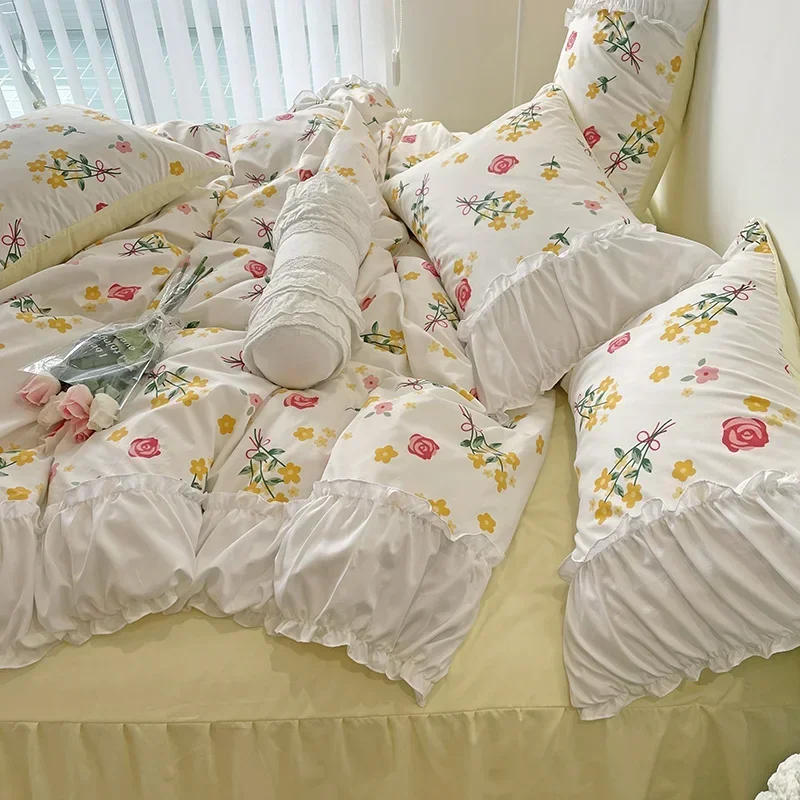 Sweet Laciness Bouquet Polyester Bed Sheet Duvet Cover Pillowcase Four-piece Spring Autumn Summer Bedding Set Bed Shirt M066-8