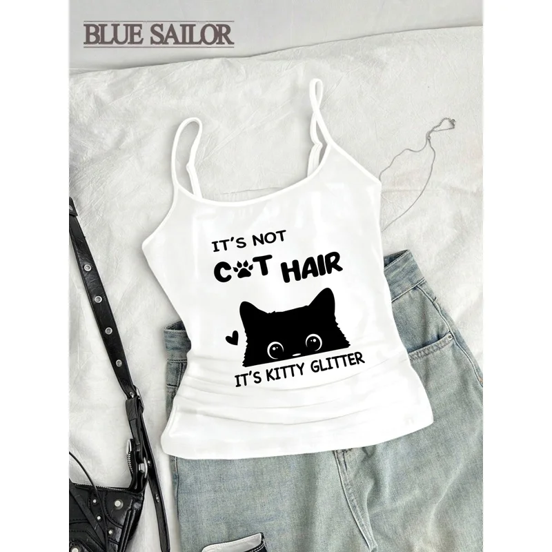 Black Cute Cat with Letters Girl's Lightweight Breathable Camisole Tank Top,Can Be Layered, Y2K Style, Girls' Favorite Pattern