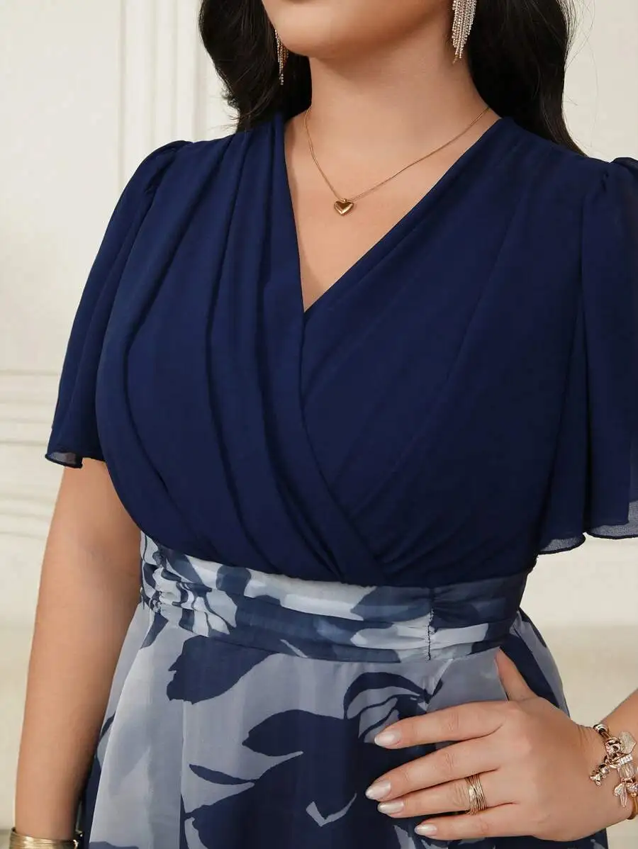 

Elegant Floral Print Patchwork Wrap Dress For Women