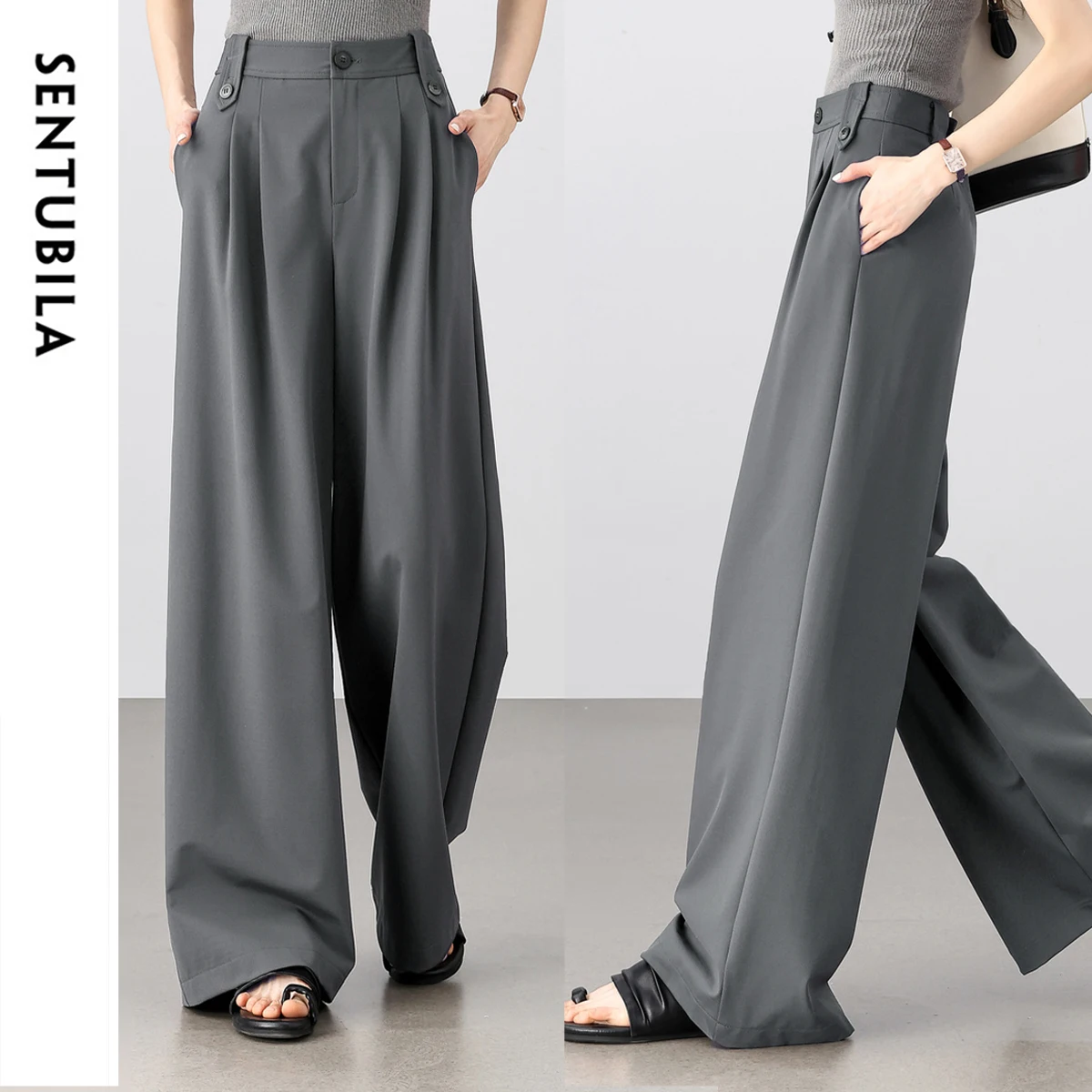 

SENTUBILA Grey Baggy Pants Woman 2025 Casual Fashion High Waist Wide Leg Long Trousers Women Loose Suit Pants Ladies 152K87956