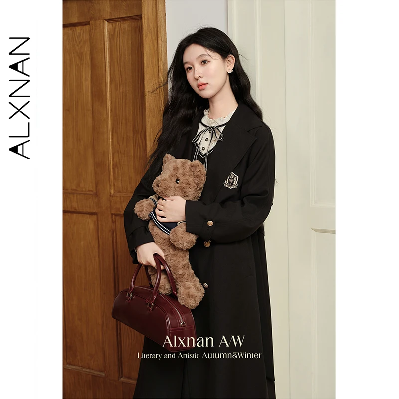 معطف ALXNAN أسود لخريف وشتاء 2025 على طراز الكلية سترة واقية طويلة للنساء موضة جديدة أنيقة معطف مزدوج الصدر L50103