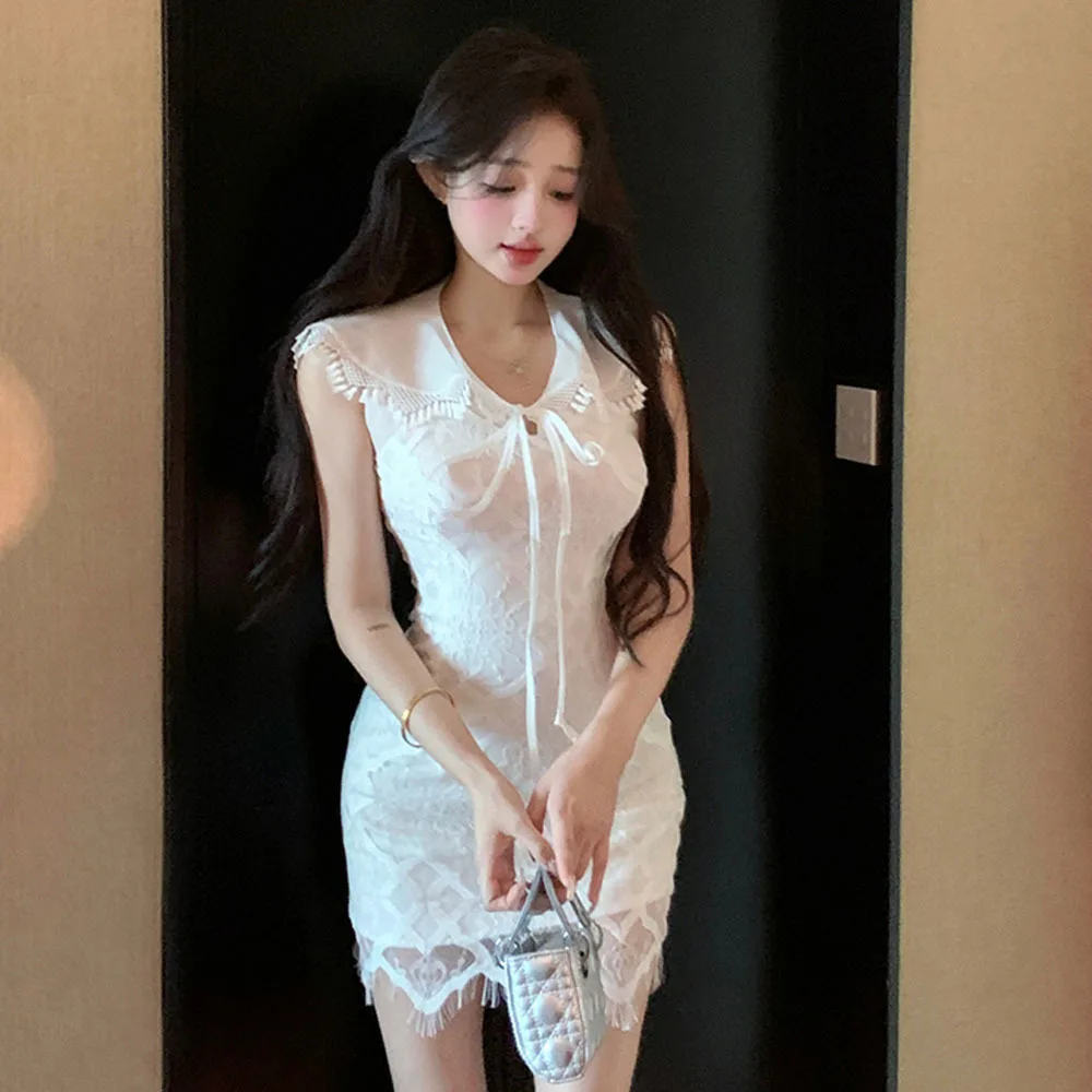 White Lace Mini Dress Women\'s Summer Sweet Peter Pan Collar Female Dress Sexy Slim Wrap Hip Dresses Korean Chic Vestidos Mujer