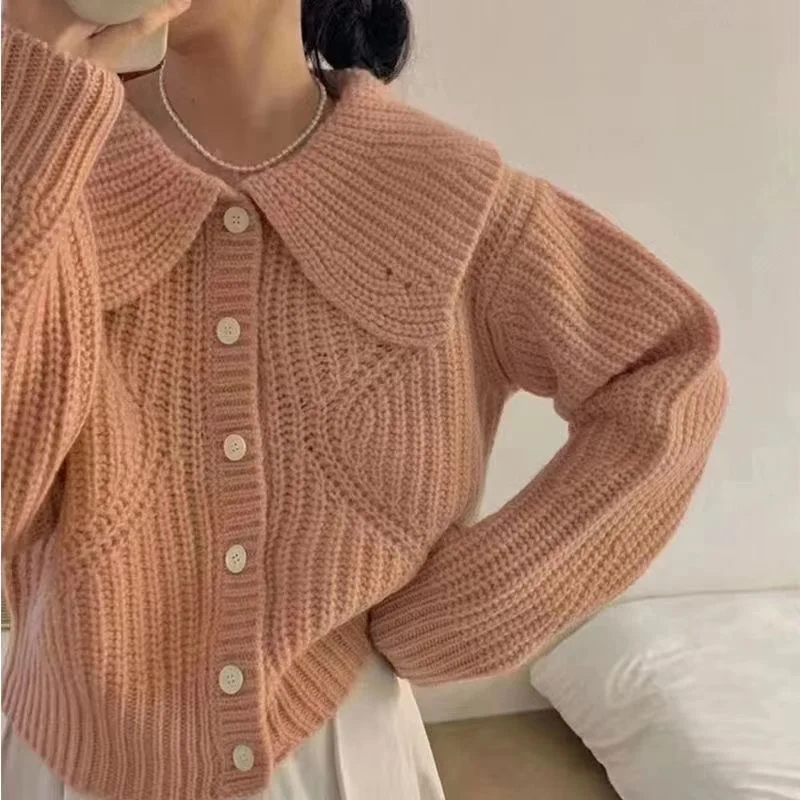 HELIAR Women Knit Single-breasted Cardigan Sweater Turn-down Collar Soft Sweater Coat Solid Long Sleeve Warm Sweater Fall Winter