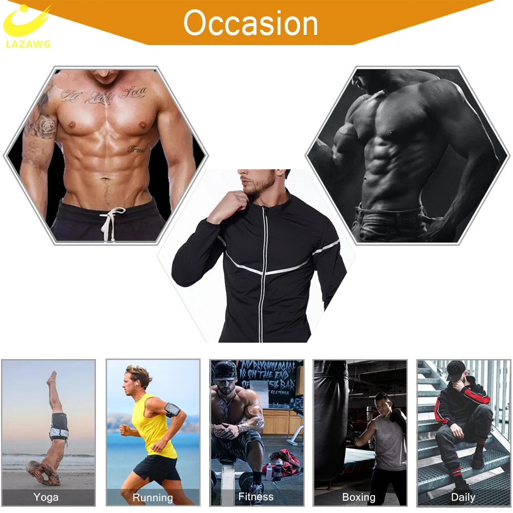 LAZAWG Men Sauna Suit Sweat Set Slimming Leggings Top Weight Loss Jacket Pant Workout Trousers Fitness Fat Burner Zipper Thermal