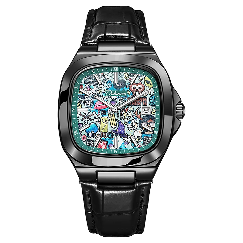 DULUNWE New Sporty Retro Square Dial Unique Men's Automatic Mechanical Watch with Calendar and Leather Strap