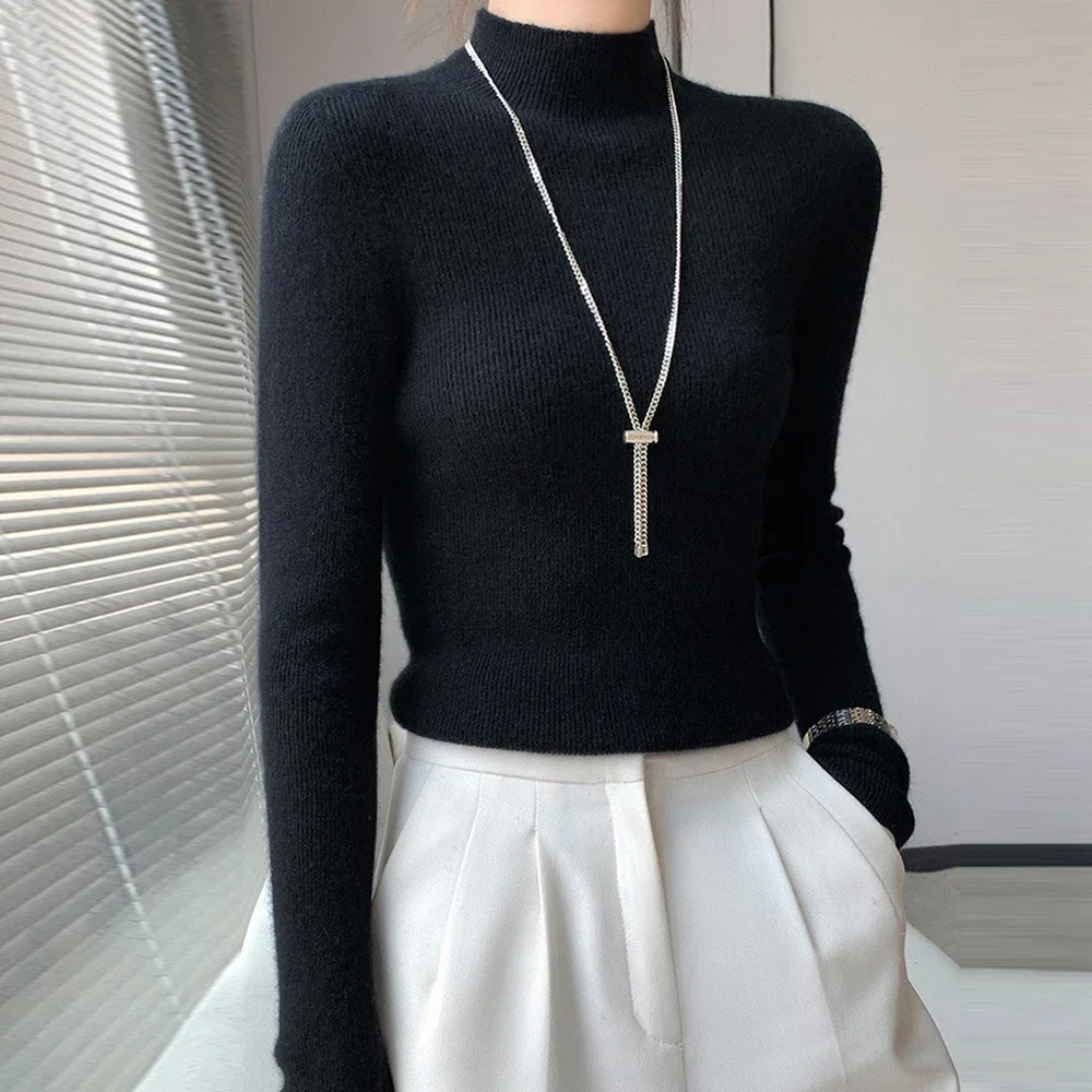 Black White Green Yellow Red Long Sleeved Knitted Sweater Girl S-XL High Collar Long-Sleeved Sweater Shirt Women Slim Tops Tees