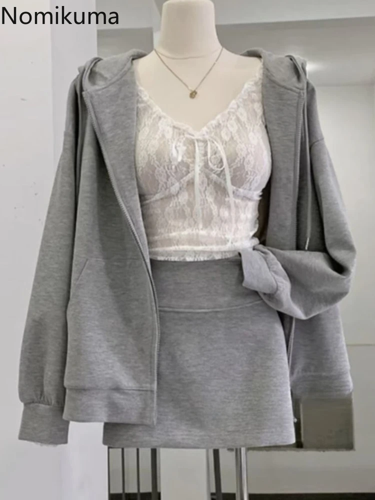 

Korean Clothing Two Piece Sets for Women Hooded Long Sleeve Zipper Sweatshirts Tops Bodycon Mini Skirt Outfits Fashion Y2k Suit