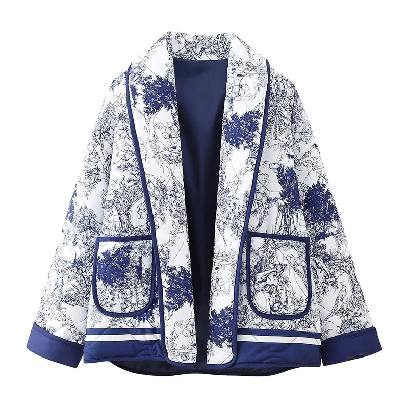 Imagem -02 - Jaqueta de Algodão Estampado Azul Feminina Jaquetas de Bolso Quentes Femininas Outwear Extragrande Feminino Casual Rua Alta Outono Inverno 2023