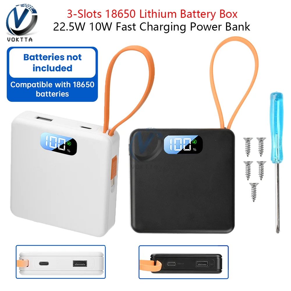 

DIY 3-Slots 18650 Lithium Battery Boxes 22.5W 10W Fast Charging Solderless Power Bank Charger Case USB Type-C Interface