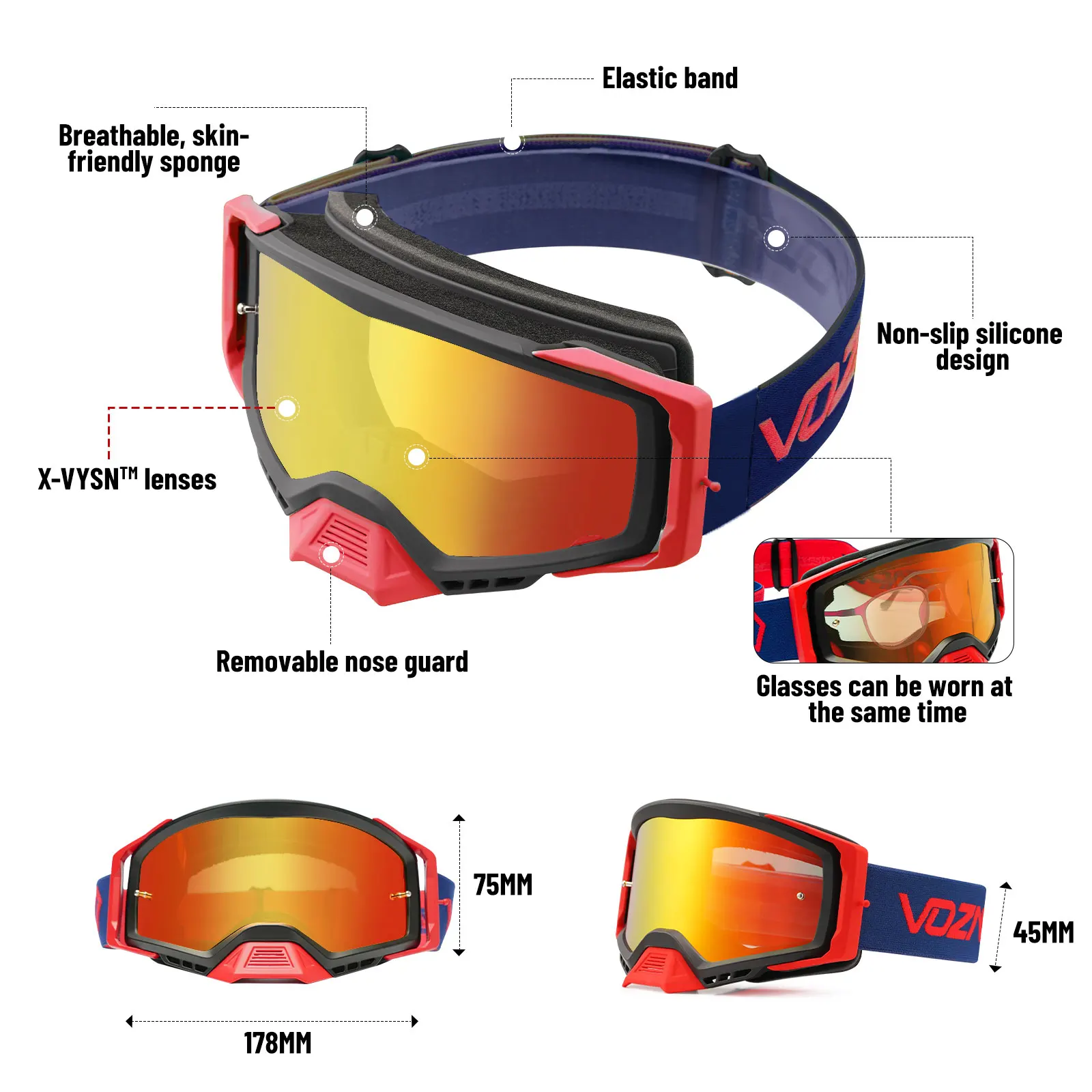 Vozapow Motocross Glasses Motorcycle Sunglasses Man MTB Mask Windproof Safety Protection Skiing Cycling Racing Off-Road Goggles