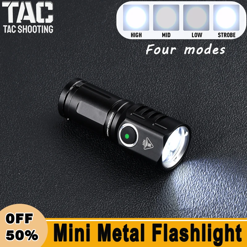 WDASN Tactical Mini Flashlight White LED Strobe Light 18350 Battery Hunting Spotlight Type-C Charging Port Outdoor Camping Light