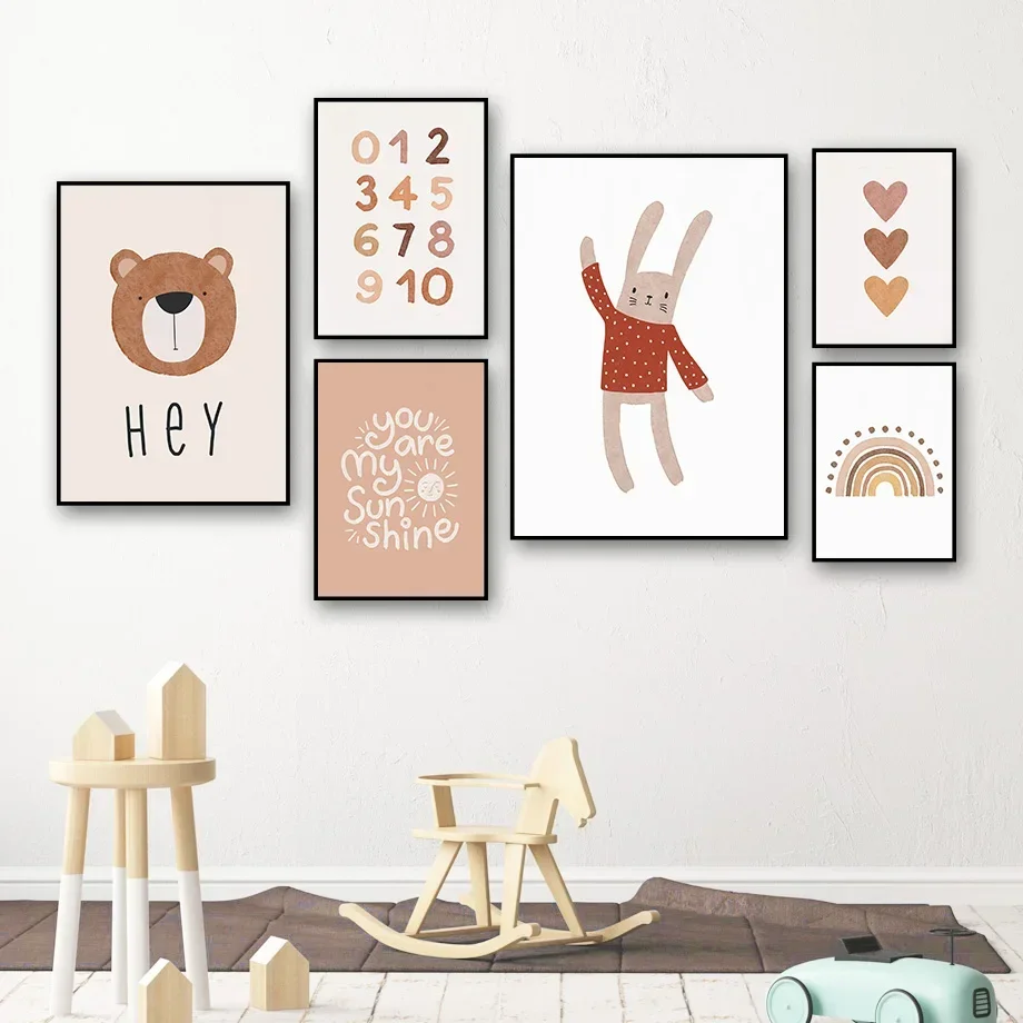 1PC--Nordic Style Cute Cartoon Bear with Rainbow Love Theme Wall Art Canvas Painting Ideal for Baby Nursery Or Kids Room Deco