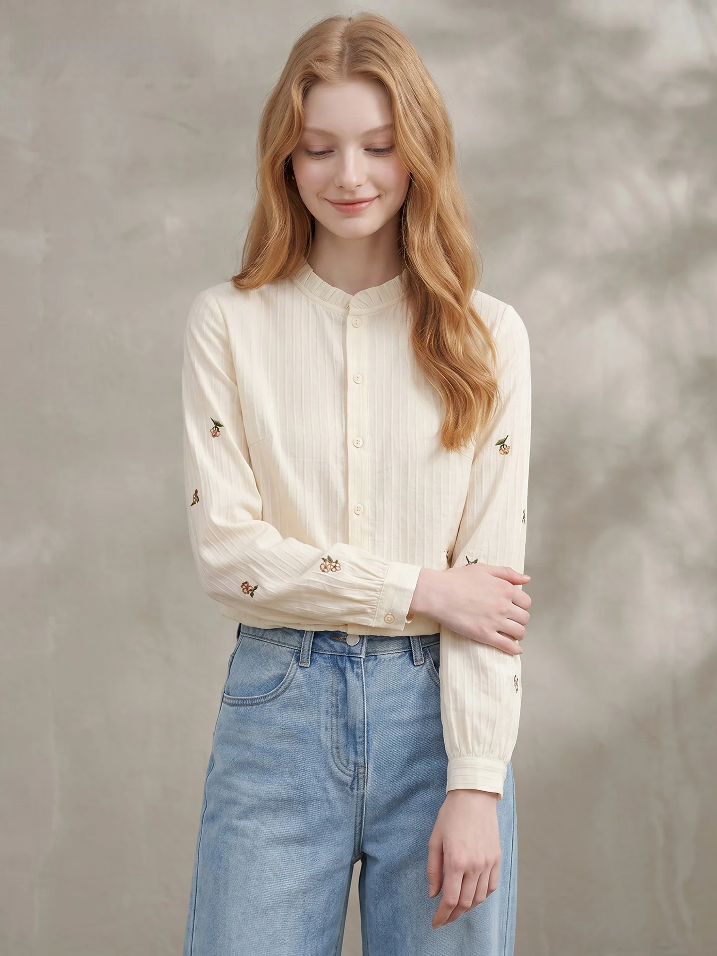 Lachapelle Autumn 2026 Long Sleeve Loose Casual Embroidered Shirt Stand Collar Fashionable All-Match Commuting Leisure Top