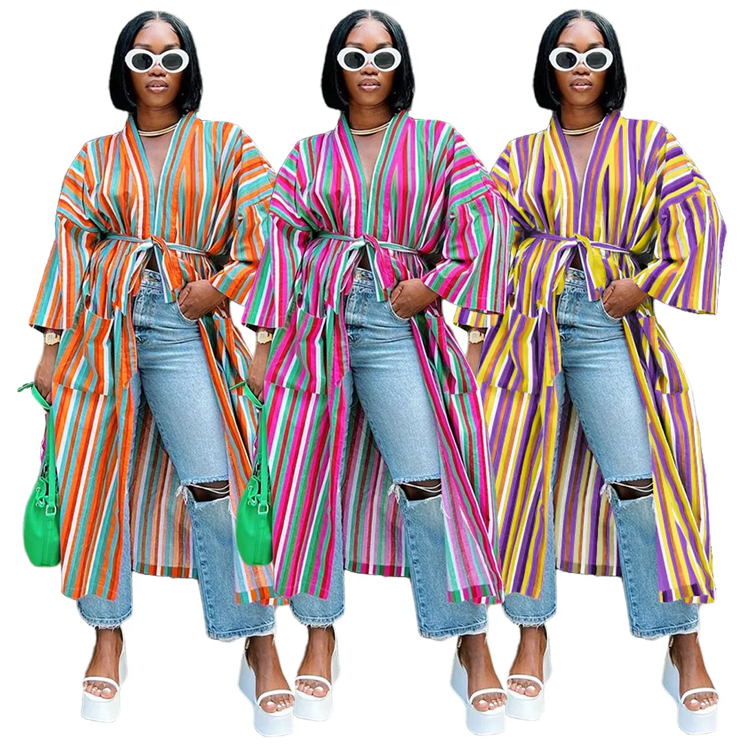 Stripe Trench Coat Full Sleeve V-neck Bandage Women Clothing Casual Fashion Loose Long Jacket Female High Street Wear 2022