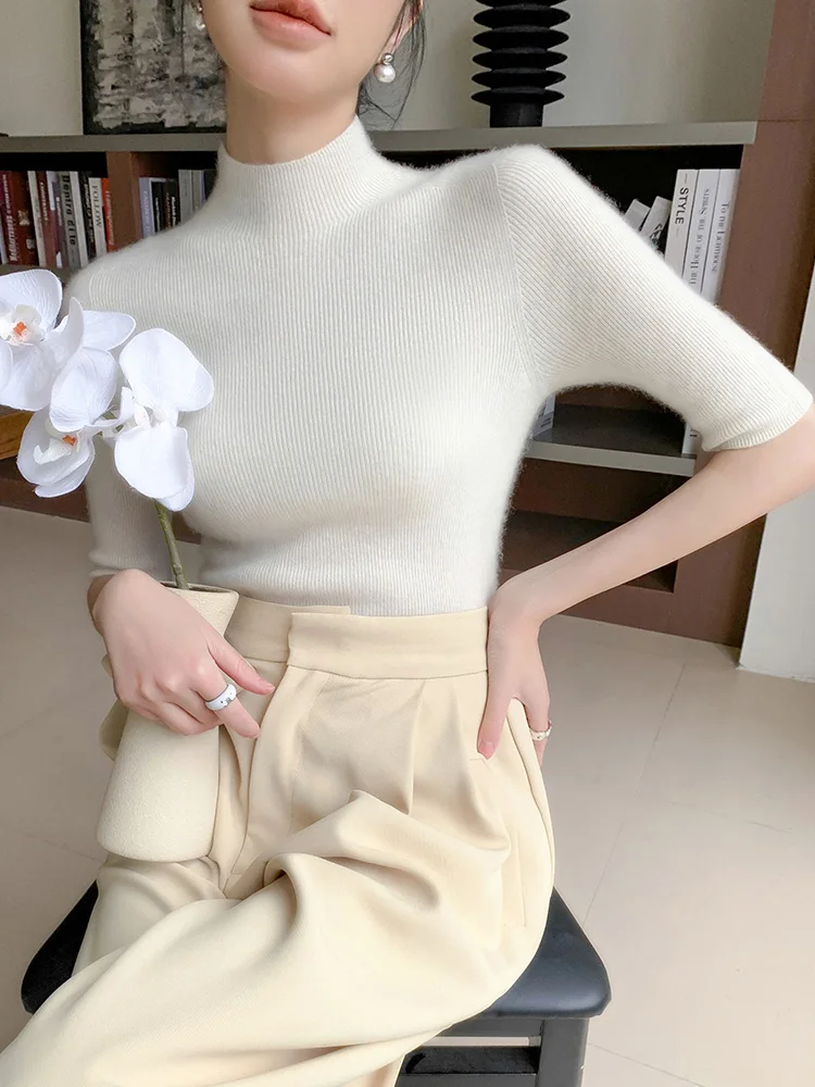 New Fashion Women Slim Mock Neck Half Sleeve Pullover Sweater Pure Color Basic Soft 100% Merino Wool Knitwear Spring Summer Tops