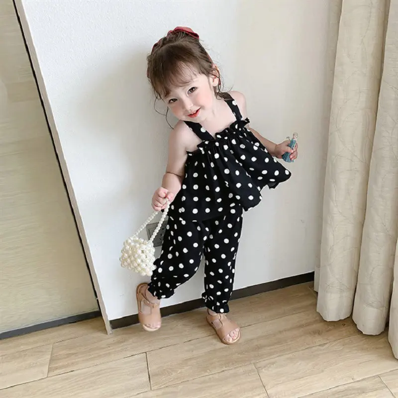 Summer Baby and Girls All-Over Floral Dots Print Pleated Suspender Shirt Tops+Pant Sets Kids 2PCS Tracksuit Child Outfits 2-8 Yr