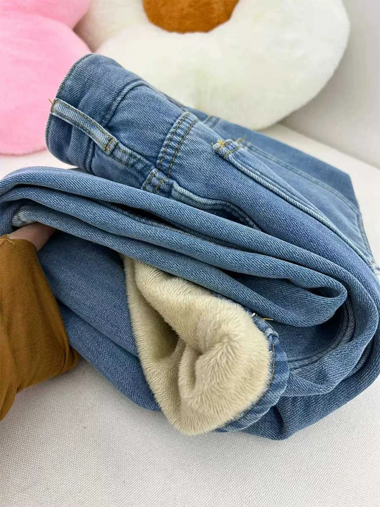 Azul de pelúcia engrossar calças jeans inverno oversized cintura alta calças retas senhora velo quente perna larga jeans