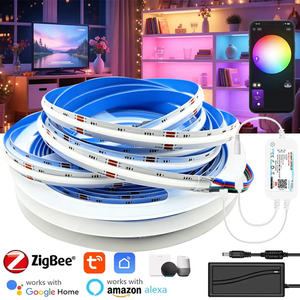 Tuya Zigbee DC24V FCOB RGB LED Strip Light 840LEDs/M RGB COB Linear Lights Dimmable Smart Life APP Control Room Decor for Alexa