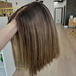 Ombre Blonde Brown Straight Synthetic HD Lace Front Wig Realistic Hairline Wig For Women Natural Looking Middle Part Hairline