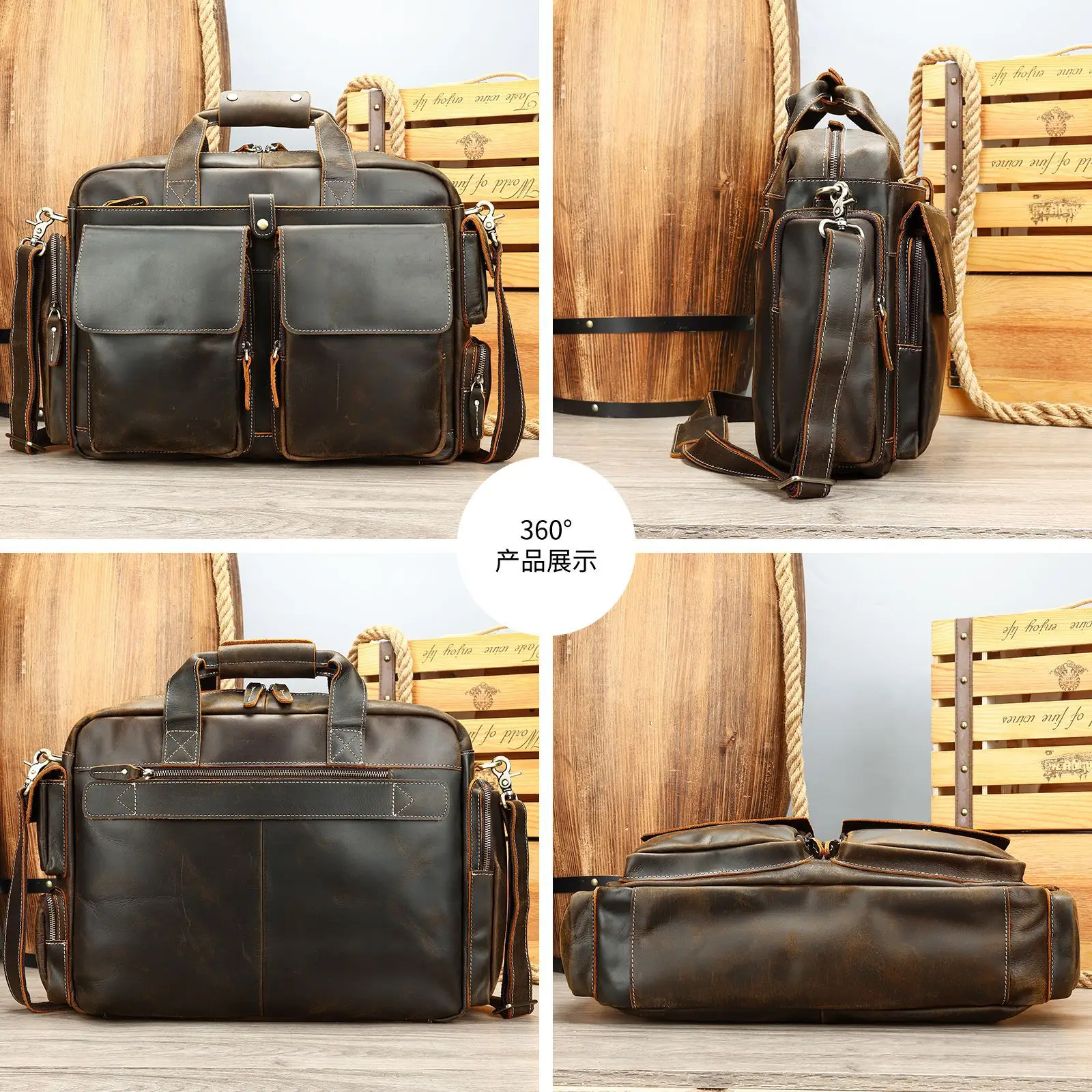 Highend A4 Vintage Black Coffee Genuino Cuoio Executive Valigetta da uomo Portafoglio 15.6 '' 14 '' Borsa per laptop Borse a tracolla