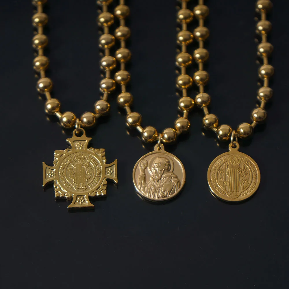 Collares cruzados de San Benito de acero inoxidable para mujer, gargantilla de cadena con cuentas de bolas de 6mm, medalla de Metal de San Benito, collar para mujer