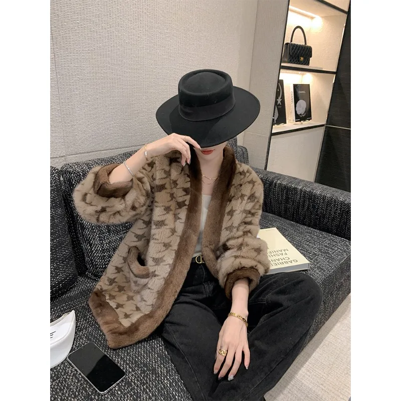 

V-neck Velvet Houndstooth Mink Coat Female Imitation Fur Coat Winter