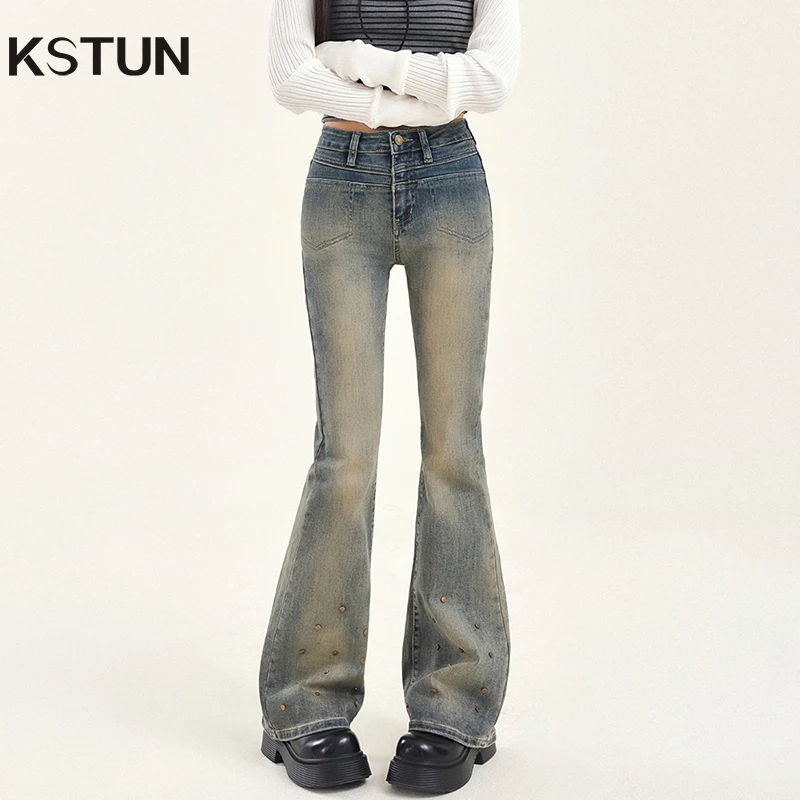 

KSTUN 2025 High Waist Flared Jeans For Women Stretchy Flare Jeans Americian Vintage Boot Cut Pants for Women Rivets Desinger