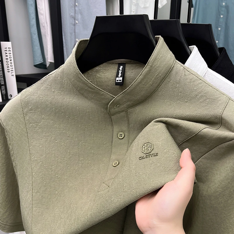 Luxury retro button stand collar short sleeve T-shirt men high-end brand embossed unique splicing solid color casual summer top