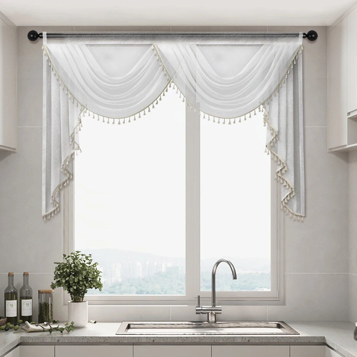 1pc Pure Color Sheer Valance with Tassel，Rod Pocket，Simple European Style Waterfall Swag Valance for the Room Window and Door