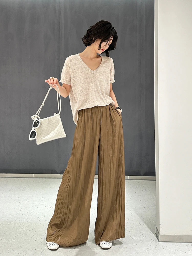 

Lightweight Handmade Pleated Texture Wide Leg Pants Simple Sle l Waist Polyester Fiber Skin-friendly Breathable Casua...