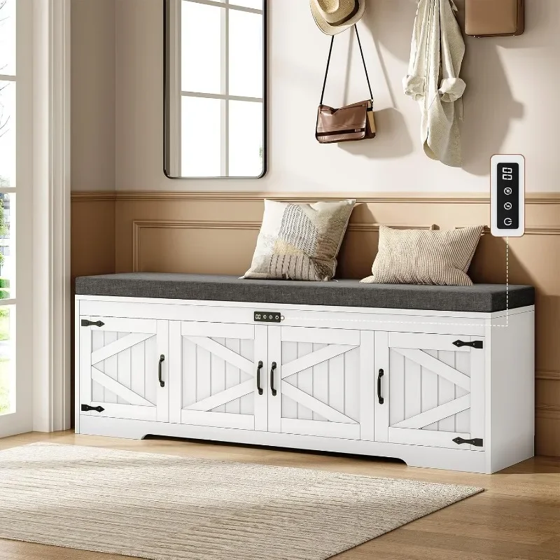UPOSOJA Farmhouse Shoe Storage Bench with Deodorizing, Entryway Storage Bench with Cushion Seat Freestanding Hidden Shoe Rack