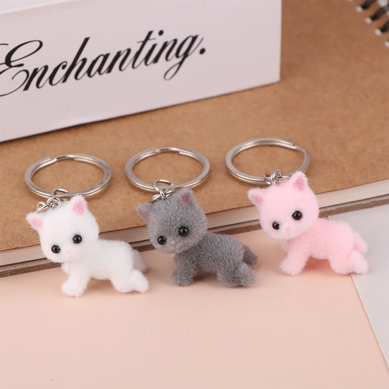 Cartoon 3D Flocking Lying Cat Keychain Cute Lying Down Kitten Animal Keyring Pendant DIY Backpack Charms Car Bag Decor Toy Gifts