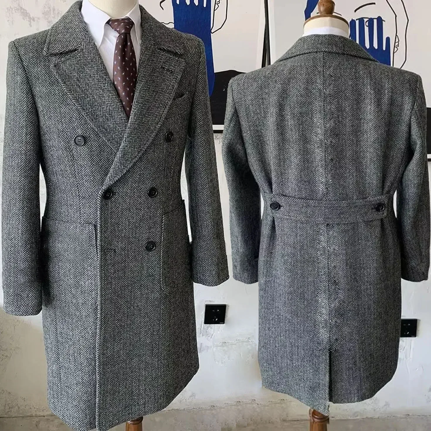 

Men's Long Blazer Vintage Herringbone Pattern Men's Long Suit Jacket Classic Plaid Double-breasted Winter Wool Long Coat