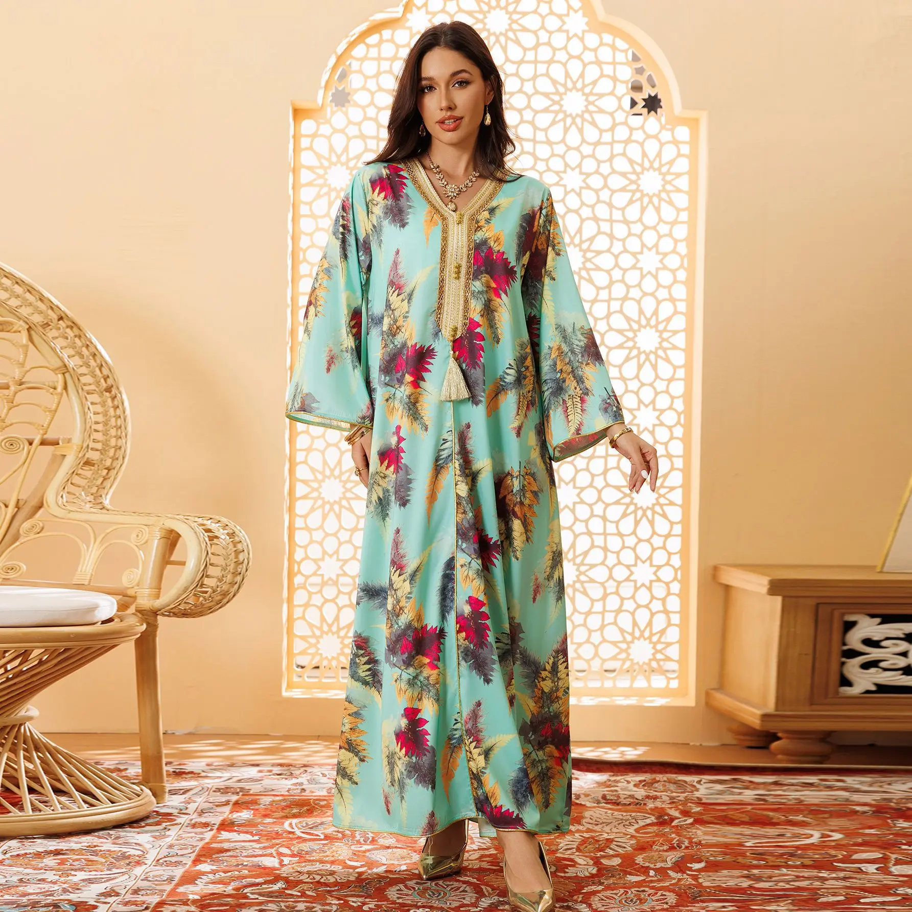 

New Middle East printed hot diamond robe elegant women's clothing Muslim dress fashion simple temperament elegant holiday style