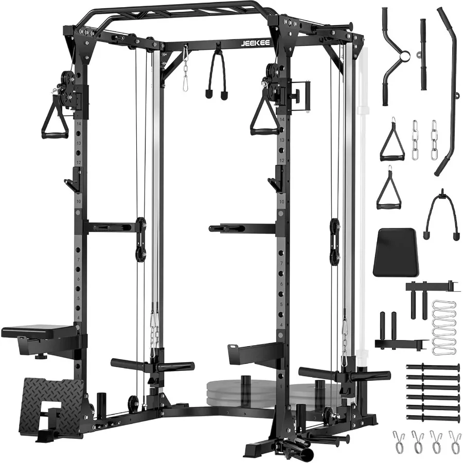Power Cage2000lbs Rack para sentadillas multifunción Rack de alimentación de 2000 libras con sistema cruzado de cables y más de 20 accesorios