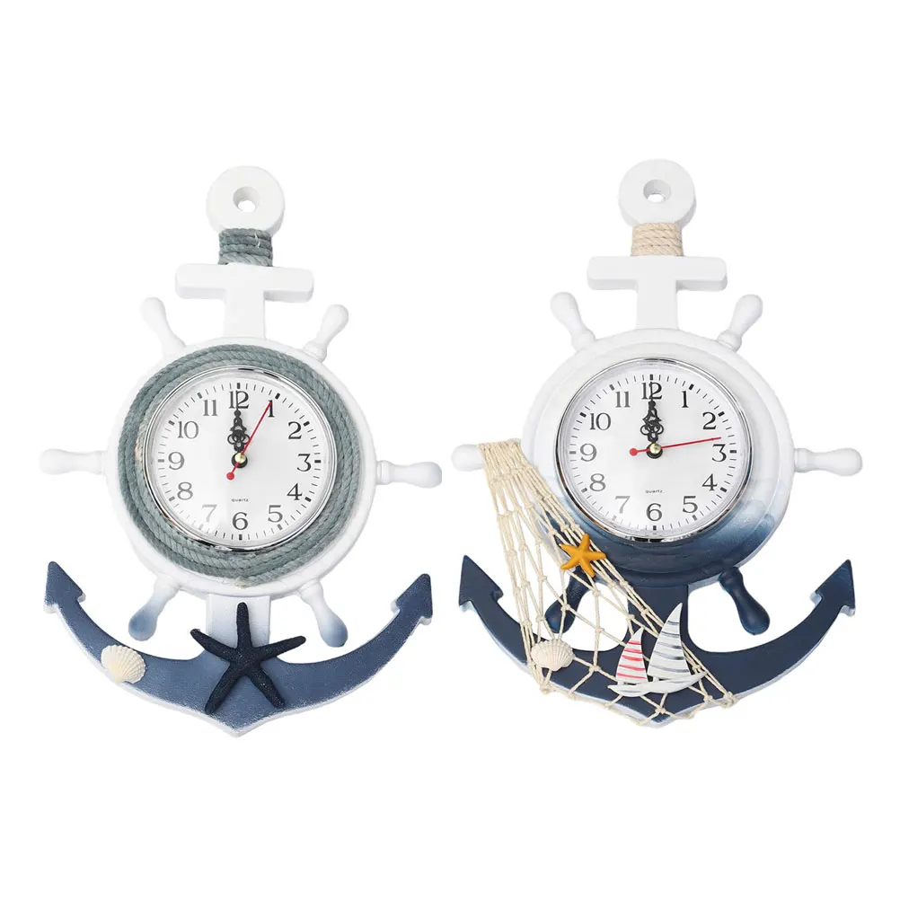 

Mediterranean Style Wall Clock Anchor Shape Mute Clocks Wooden Bright Retro Home Decor Bedroom Living Room Cafe Pub Bar Hotel