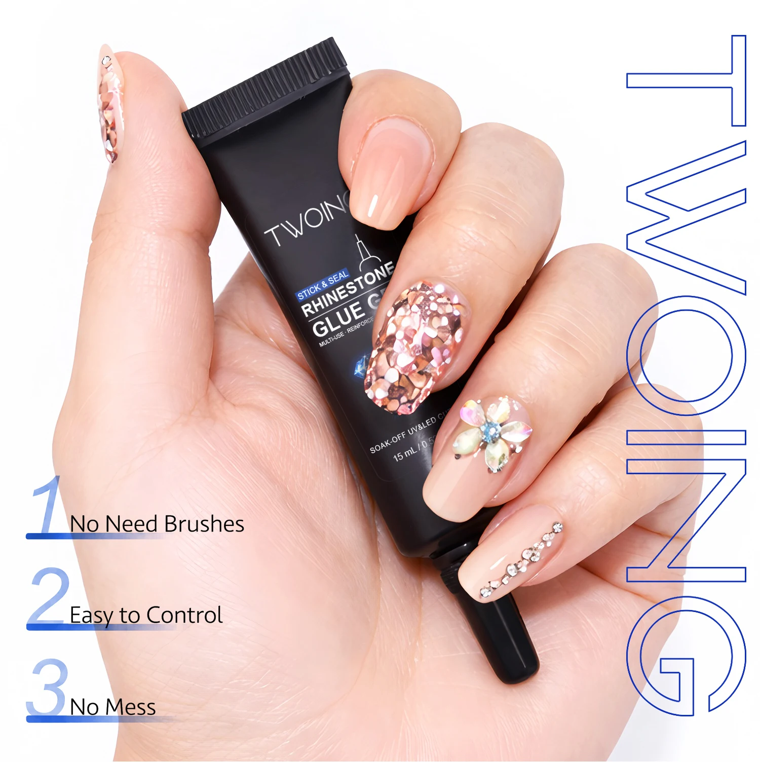 TWOING 15ml Strass-Klebegel, UV-LED-Nagelkleber für Edelsteine, Kristalle & Charms, Fugenfüllung, Langanhaltender Halt – Detail 5