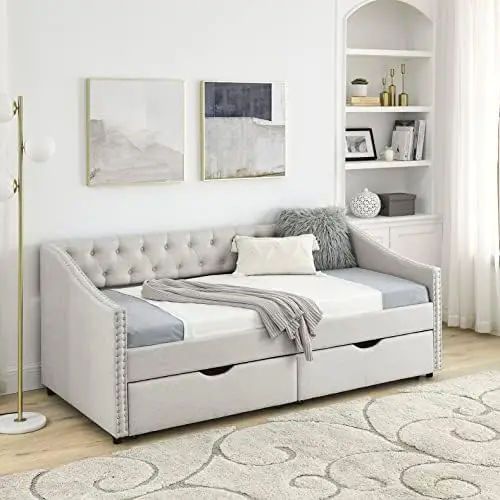 Wood Twin Daybed, Day Bed Frame with 2 Storage Drawers, Upholstered Twin Bed Frame Sofa Couch with Button and Nailhead