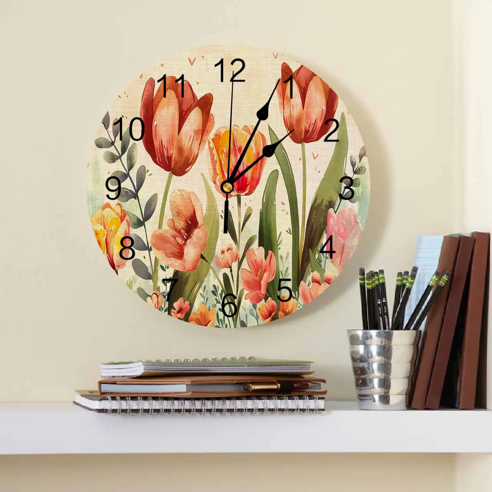 

Tulip Flowers Eucalyptus Leaves Modern Home Decor Digital Clock Living Room Decor Wall Stickers Wall Clocks