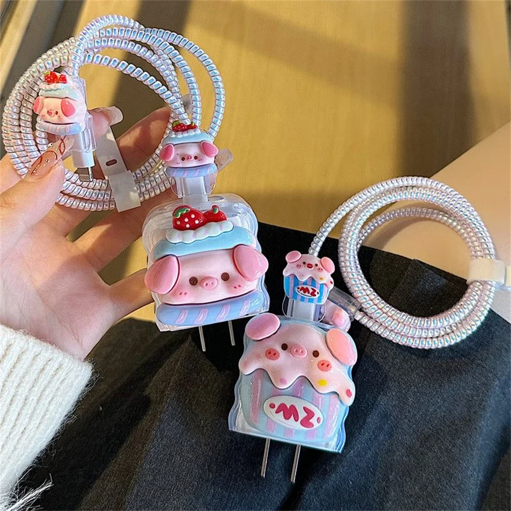 Cartoon 3D Hat Cake Pig Blue Wave Border Clear USB Protector Cover for IPhone 18W/20W Data Line Head Cord Fast Charging Case