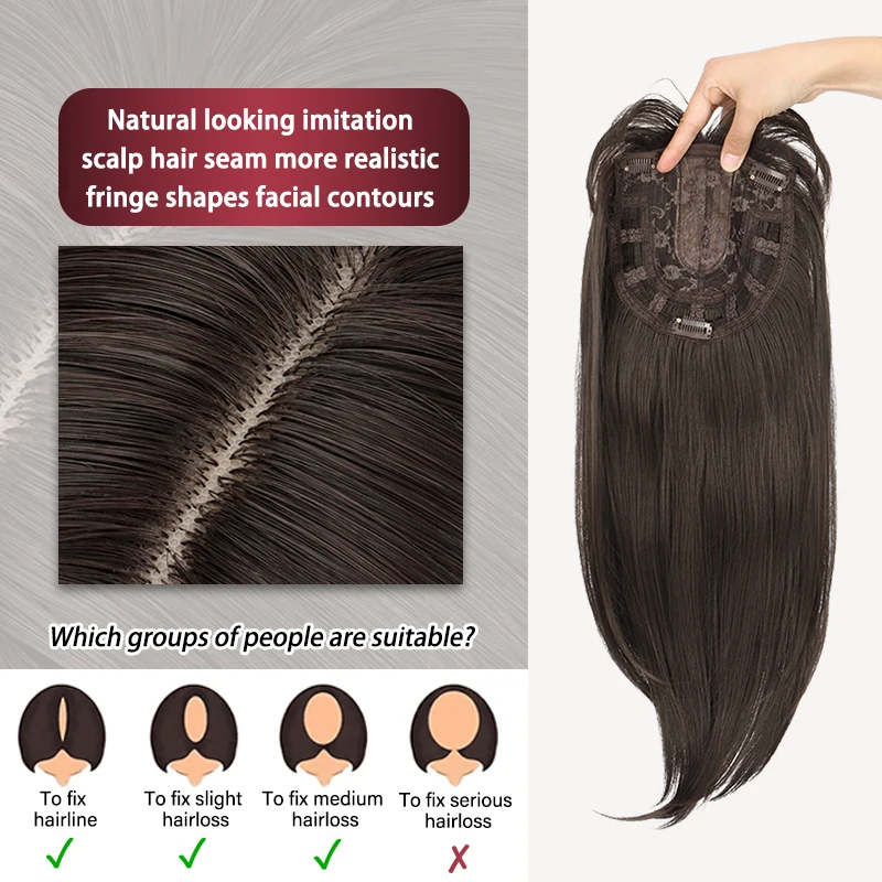 Adorno de pelo liso sintético de 50 cm |   Parte superior de la cobertura de la cabeza con clip |   Extensiones con clip diarias ultraligeras y transpirables