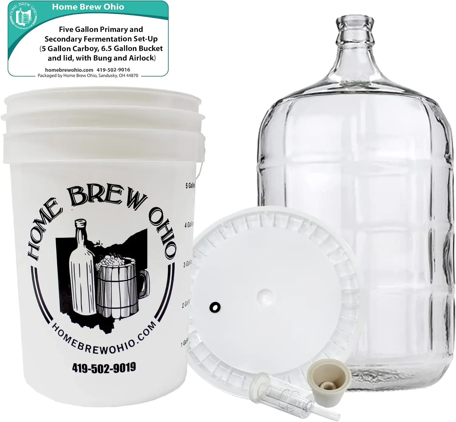 USA StockHome Brew Ohio Five Gallon Primary and Secondary Fermentation Set-Up (5 Gallon Carboy, 6.5 Gallon Bucket and lid, with